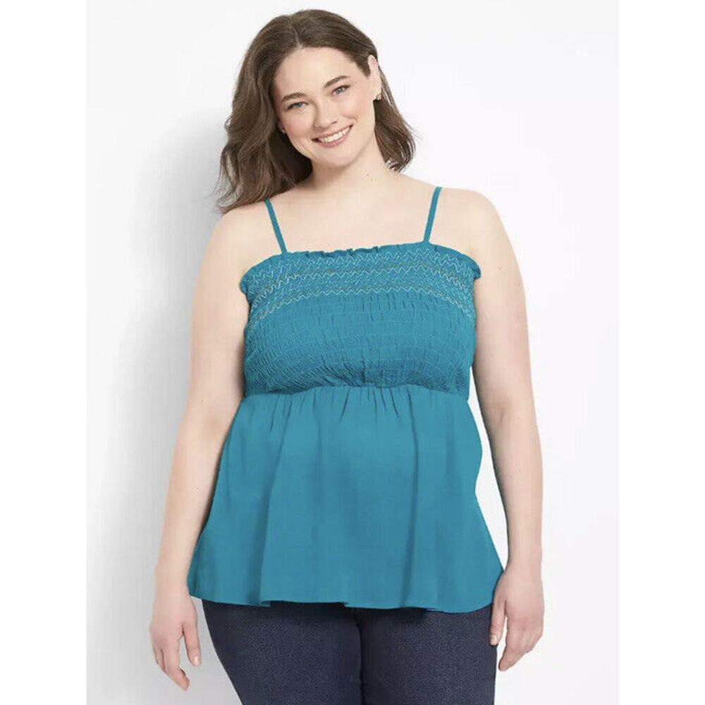 New Lane Bryant Womans Sz 16 Blouse Square Neck Smocked Bodice Babydoll Teal NWT